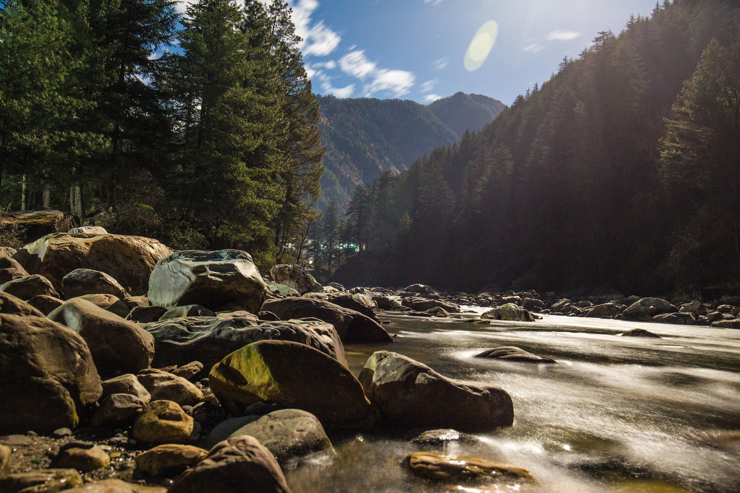 Kasol — The Moonlit Parvati River flowing beside the Kasol Town, Himachal Pradesh